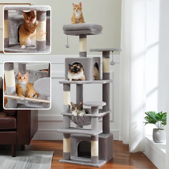 Arbre Ă chat gris et beige avec chats dessus vignettes de demonstration