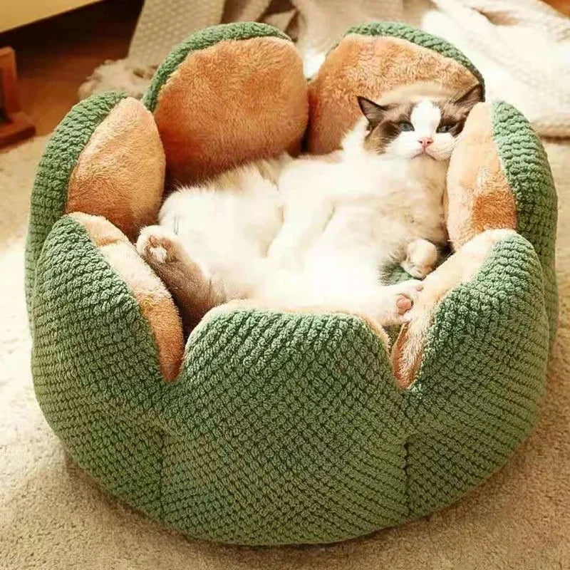 coussin a chat rond en forme de plante vert et moelleux