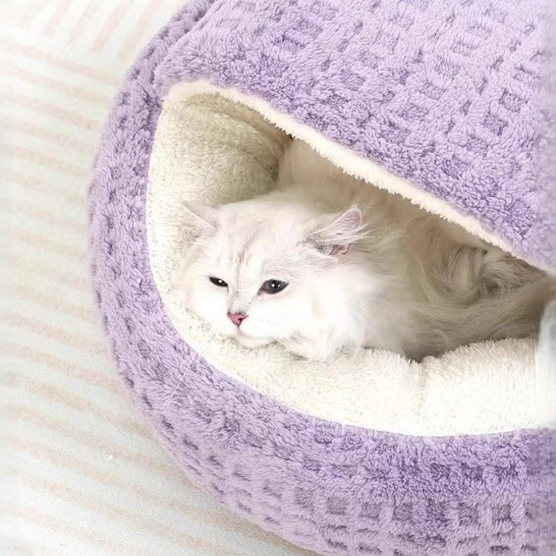coussin chat rond et mauve semi couvert tres moelleux