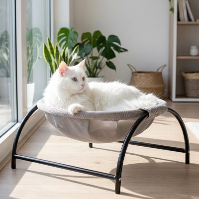 Hamac chat autoportant avec un beau chat blanc couche dedans