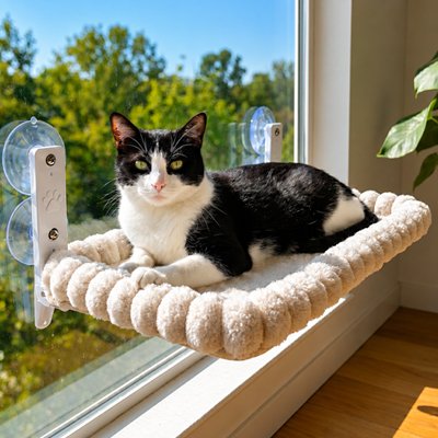 hamac chat fenetre rectangulaire beige avec un chat noir et blanc dedans
