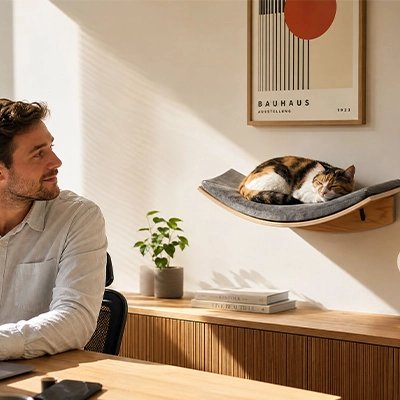 Hamac chat fixe au mur incurve avec un chat dessus et un homme a cote