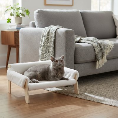 Lit pour Chat blanc en forme de petit canapé avec un chat dessus dans un salon