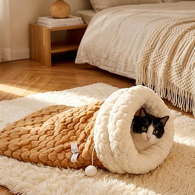 Lit pour Chat forme de chaussette avec chat couche dedans