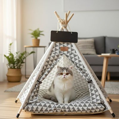 Maison chat forme de tipi gris avec chat dedans dans salon