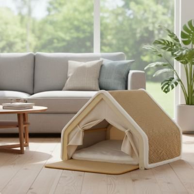 Maison pour chat beige structure vide pour demonstration