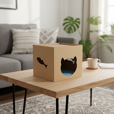 Maison pour chat en carton pose sur une table dans un salon