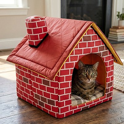 Maison pour chat motif brique rouge avec chemine decorative chat installe dedans