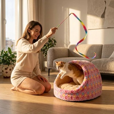 niche à chat avec un chat dedans et jeune femme jouant avec lui
