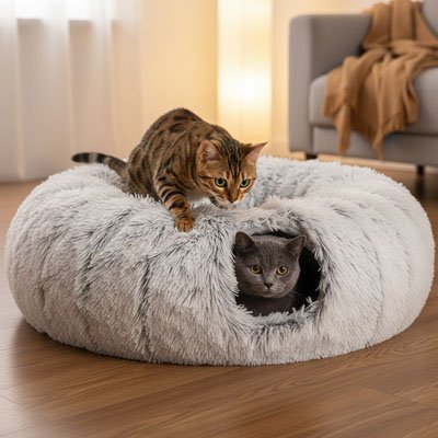 Niche chats donut gris clair en fourrure tunnel chats dessus et dedans