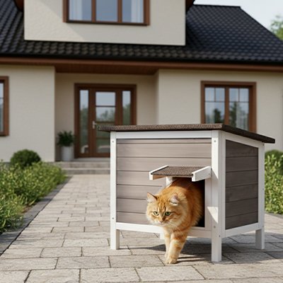 Niche exterieur pour chat bois grise et blanche chat en sortant