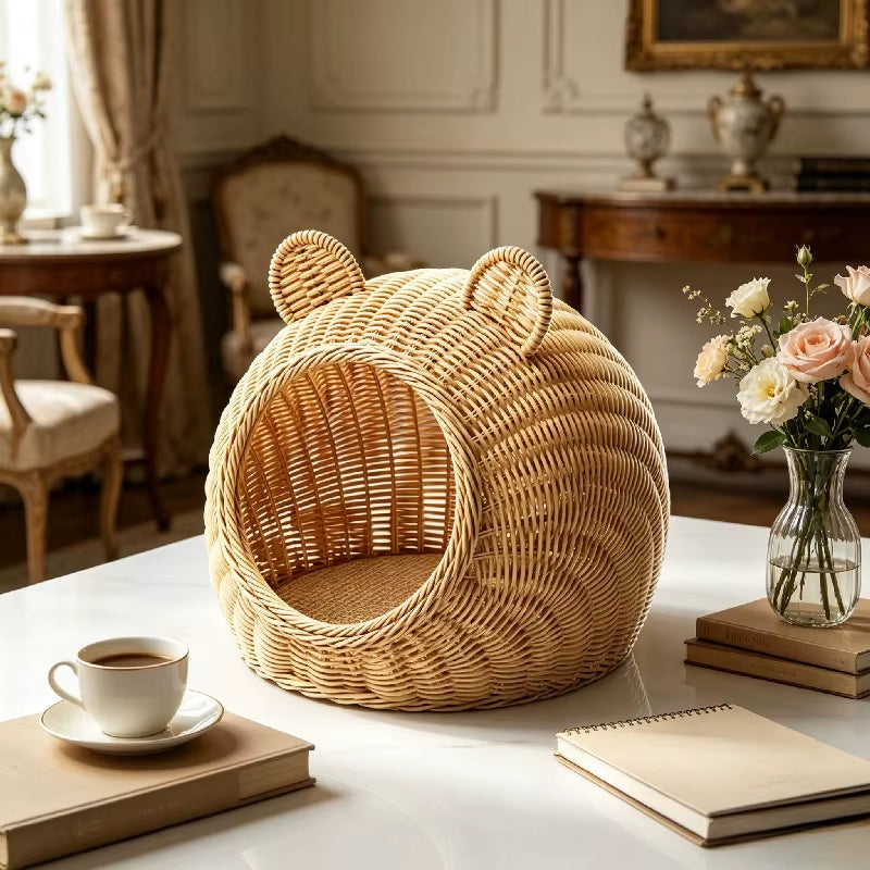 panier osier pour chat forme de tete avec oreilles decoratives