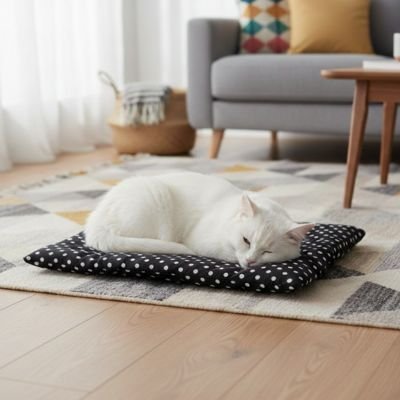 Tapis pour chat rectangulaire noir a pois blanc avec chat blanc couche dessus