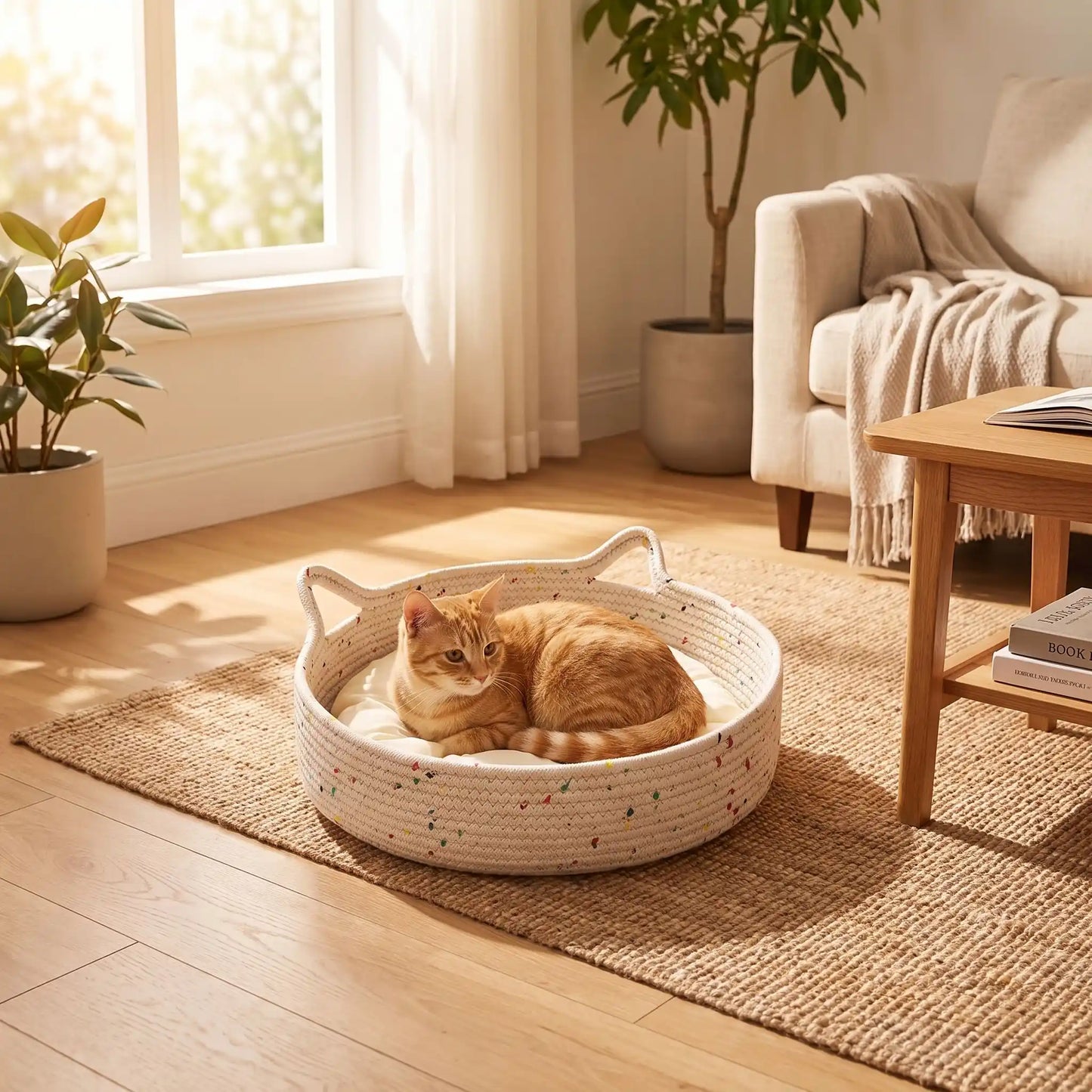 Panier osier chat rond avec coussin moelleux blanc
