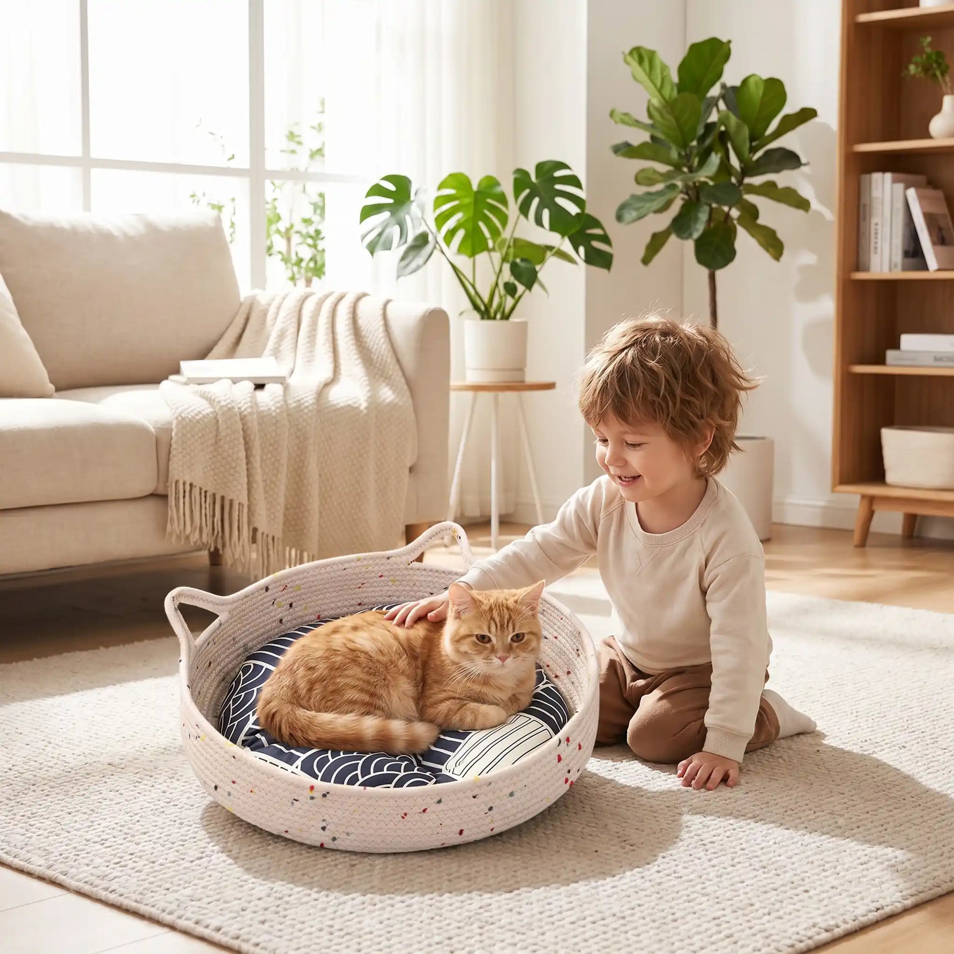 Panier osier chat rond avec coussin moelleux bleu