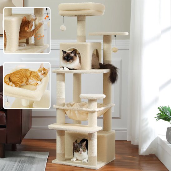 Arbre à chat beige avec chats dessus vignettes de demonstration