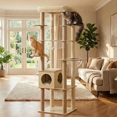 Arbre a Chat beige avec deux chats dessus 