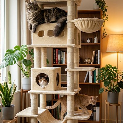 Arbre à Chat beige avec Maine Coon tout en haut