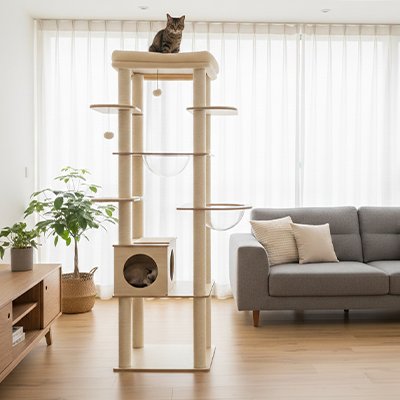 Arbre a Chat beige avec un chat perche tout en haut