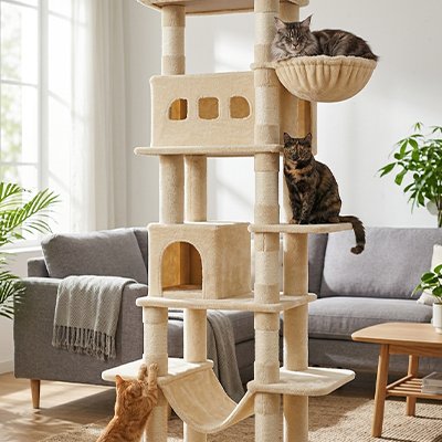 Arbre à Chat beige dans un salon avec des chats jouant dessus