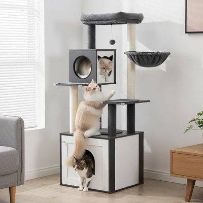 Arbre a Chat en bois noir et blanc chats jouant dessus
