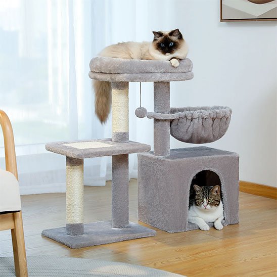 arbre a chat en peluche grise avec deux chats dessus