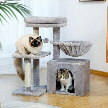 arbre a chat en peluche grise avec niche et hamac plus un pompon