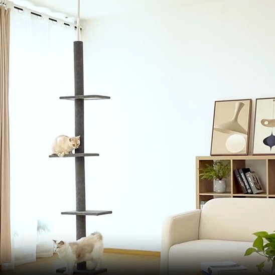 Arbre à chat gris avec plusieurs plates formes chats dessus