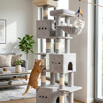 Arbre à chat gris clair avec chats jouant dedans