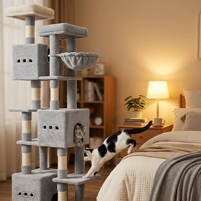 Arbre à chat gris clair dans une chambre avec chats dessus