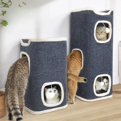 Arbre à Chat gris deux tailles avec plusieurs chats dedans ou a cote