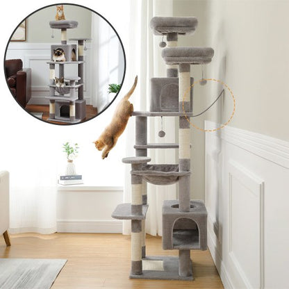Arbre à chat gris et beige avec chat en sautant et bulles demonstration