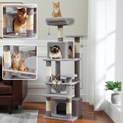 Arbre à chat gris et beige avec chats dessus vignettes de demonstration