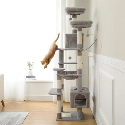 Arbre à chat gris et beige avec chats et cordelette de fixation