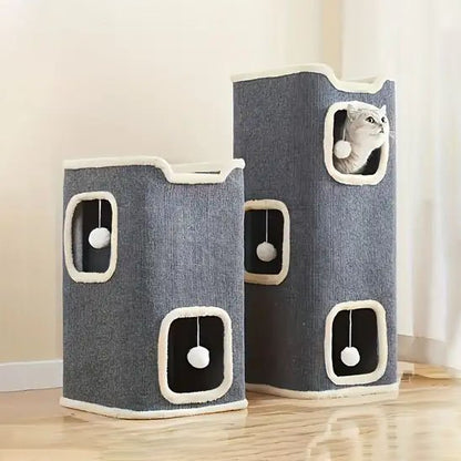 Arbre à Chat gris meme modele deux tailles avec un chat dedans