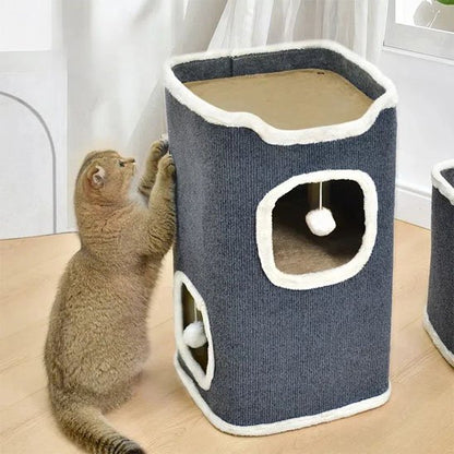 Arbre à Chat gris petit modele deux trous avec chats faisant ses griffes dessus