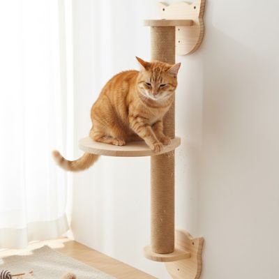 Arbre a Chat mural  en bois et sisal sur un mur avec un chat blanc et roux dessus