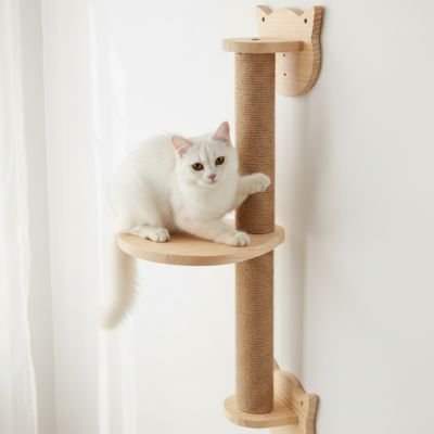 Arbre a Chat mural en bois et sisal sur un mur avec un chat blanc dessus