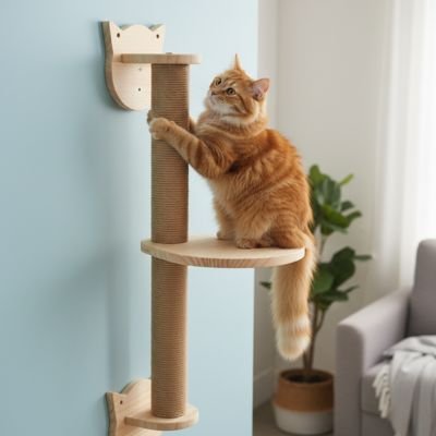 Arbre a Chat mural en bois et sisal sur un mur avec un chat roux dessus