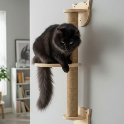 Arbre a Chat mural en bois et sisal sur un mur avec un chat noir dessus