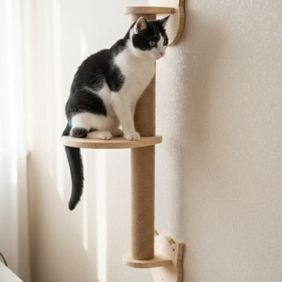 Arbre a Chat mural en bois et sisal sur un mur avec un chat noir et blanc dessus