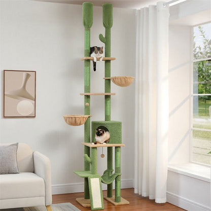 Arbre à chat vert cactus deux pieces cote a cote chats couches dessus