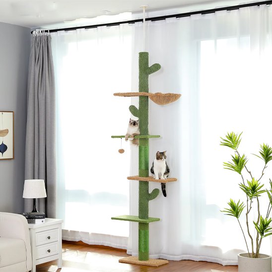 Arbre à chat vert forme cactus avec chats dessus