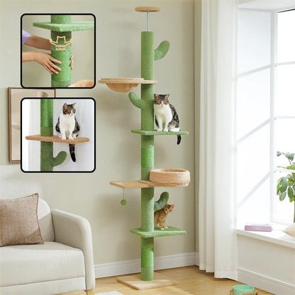 Arbre à chat vert theme cactus avec plusieurs chat dessus