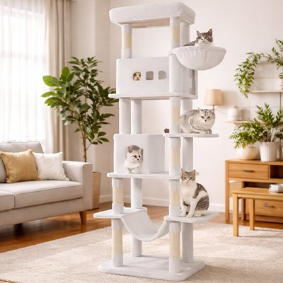 Arbre à chat xxl blanc avec beaucoup de chats dessus 