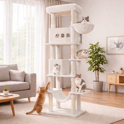 Arbre à Chat xxl blanc avec des chats jouant dessus