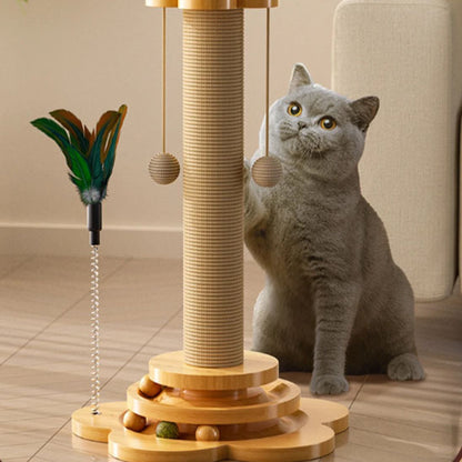 arbre chat bois sisal jeux suspendus deux balles animal jouant
