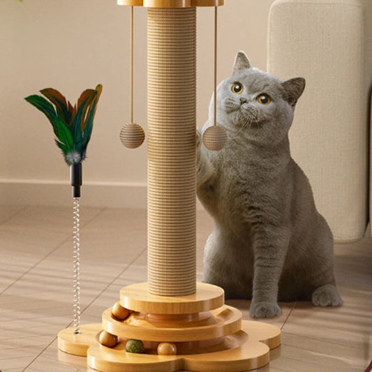 arbre chat bois sisal jeux suspendus deux balles animal jouant