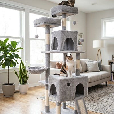 Arbres a chat gris  clair avec chats jouant dessus