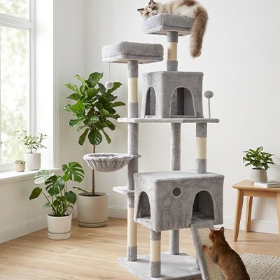 Arbres a chat gris clair avec des chat couches dessus